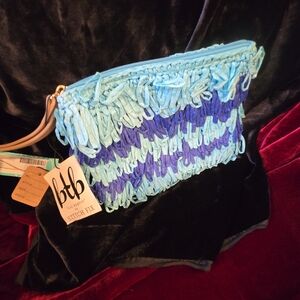 BTB Los Angeles Fiesta Clutch Cobalt Blue Woven Fringe Zip Pouch NWT